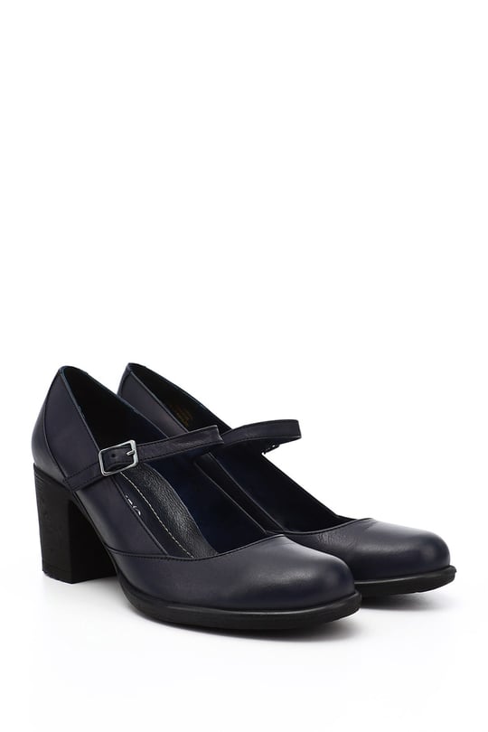 Women's Navy Blue Antique Thick Heeled Mary Jane Genuine Leather Shoes