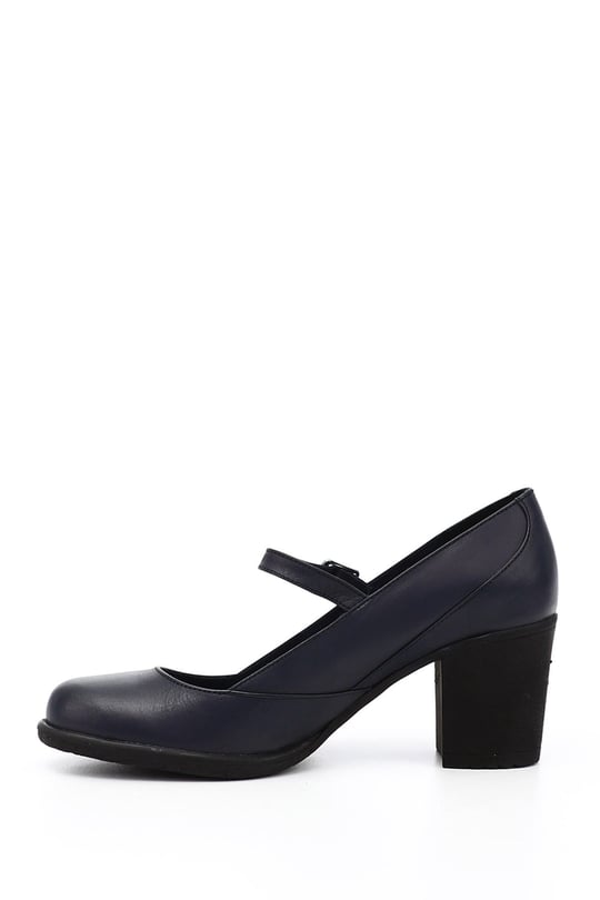 Women's Navy Blue Antique Thick Heeled Mary Jane Genuine Leather Shoes
