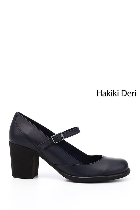 Women's Navy Blue Antique Thick Heeled Mary Jane Genuine Leather Shoes