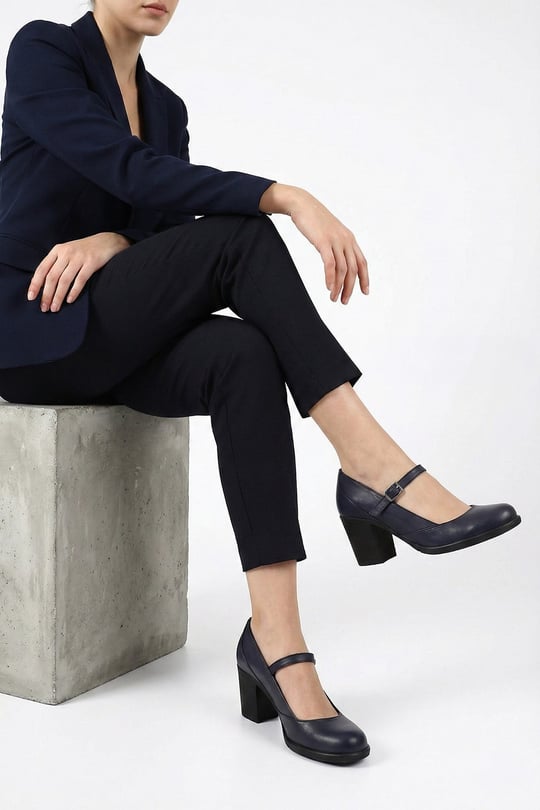 Women's Navy Blue Antique Thick Heeled Mary Jane Genuine Leather Shoes