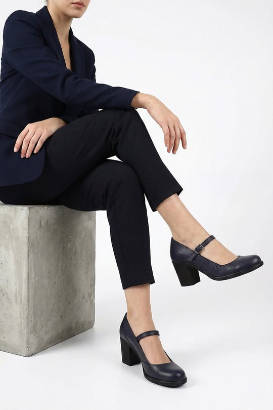 Women's Navy Blue Antique Thick Heeled Mary Jane Genuine Leather Shoes
