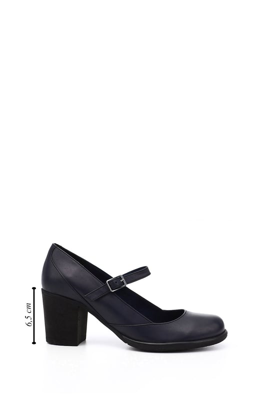 Women's Navy Blue Antique Thick Heeled Mary Jane Genuine Leather Shoes