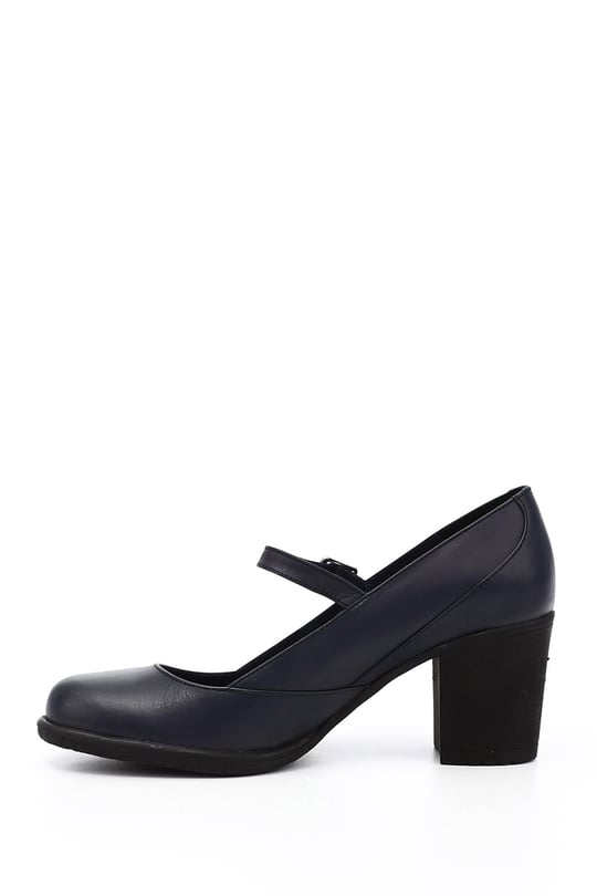 Women's Navy Blue Antique Thick Heeled Mary Jane Genuine Leather Shoes