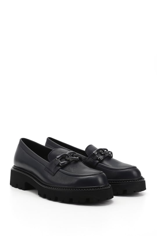 Women's Navy Blue Antique Buckled Genuine Leather Loafer Shoes