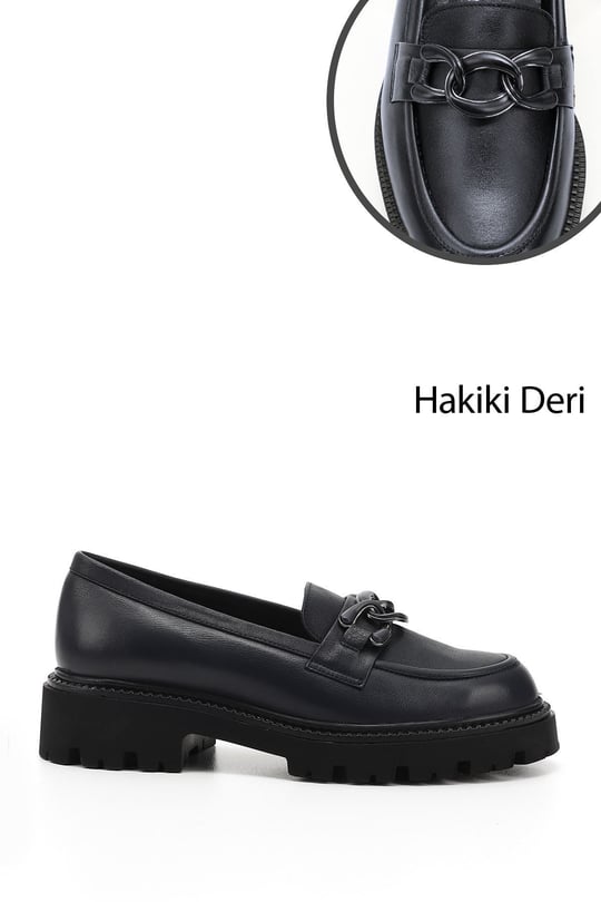 Women's Navy Blue Antique Buckled Genuine Leather Loafer Shoes