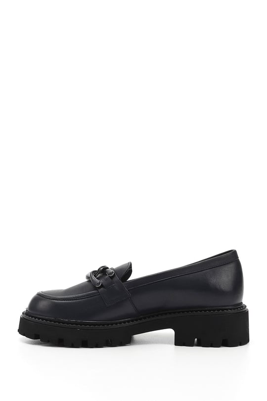 Women's Navy Blue Antique Buckled Genuine Leather Loafer Shoes