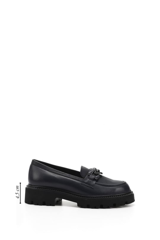 Women's Navy Blue Antique Buckled Genuine Leather Loafer Shoes