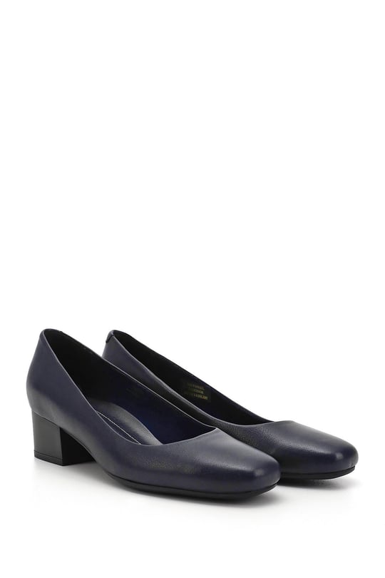 Women's Navy Blue Antique Short Thick Heel Genuine Leather Shoes