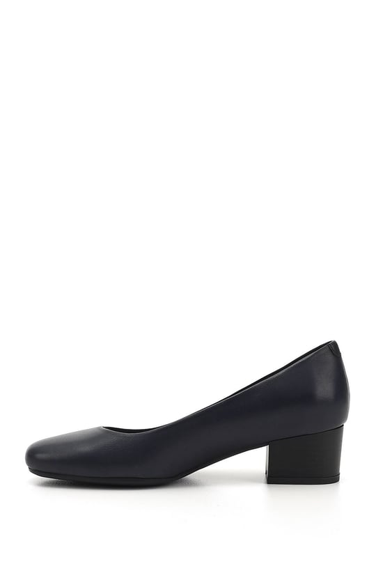 Women's Navy Blue Antique Short Thick Heel Genuine Leather Shoes
