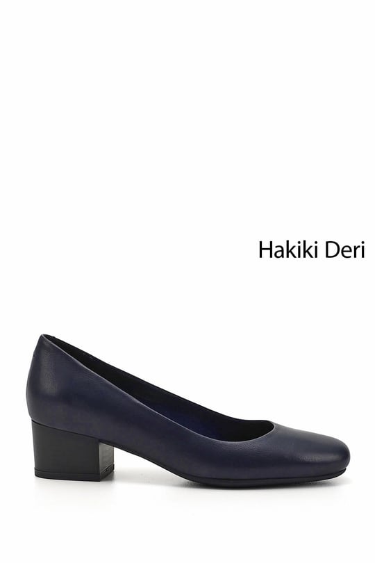 Kadın Lacivert Antik Kısa Kalın Topuklu Hakiki Deri Ayakkabı