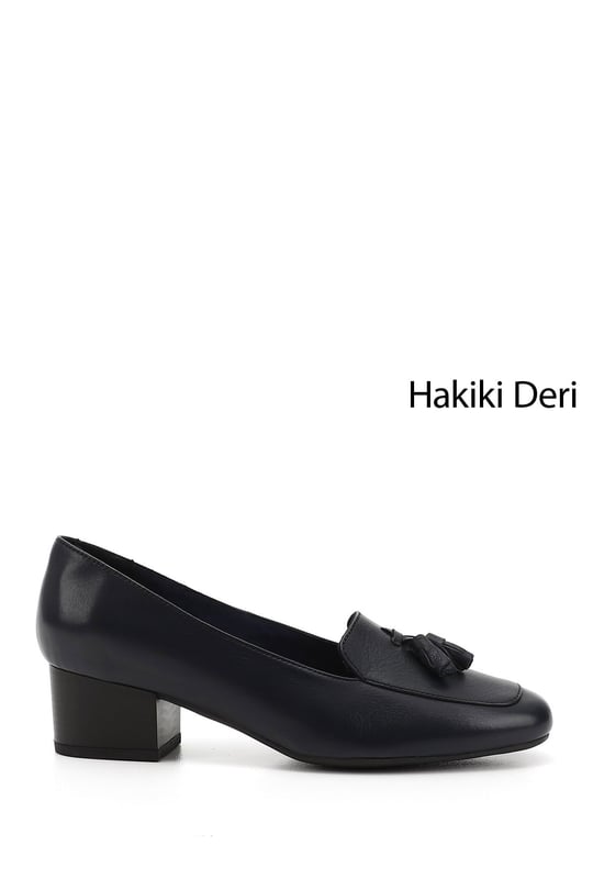Kadın Lacivert Antik Küt Burun Kısa Kalın Topuklu Hakiki Deri Ayakkabı