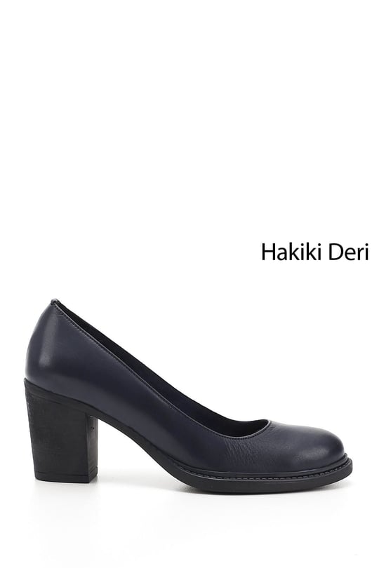 Kadın Lacivert Antik Orta Kalın Topuklu Hakiki Deri Ayakkabı