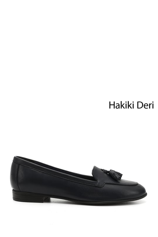 Kadın Lacivert Antik Püsküllü Hakiki Deri Babet