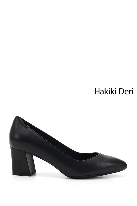 Women's Navy Blue Antique Pointed Toe Medium Thick Heel Genuine Leather Shoes