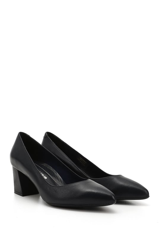 Women's Navy Blue Antique Pointed Toe Medium Thick Heel Genuine Leather Shoes