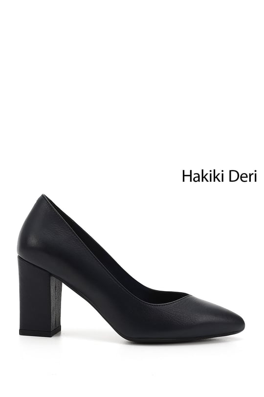 Women's Navy Blue Antique Pointed Toe High Thick Heel Genuine Leather Shoes