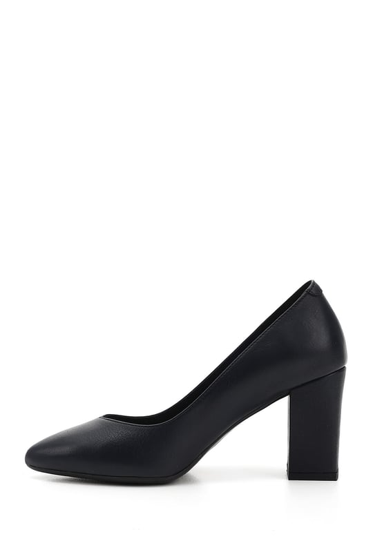 Women's Navy Blue Antique Pointed Toe High Thick Heel Genuine Leather Shoes