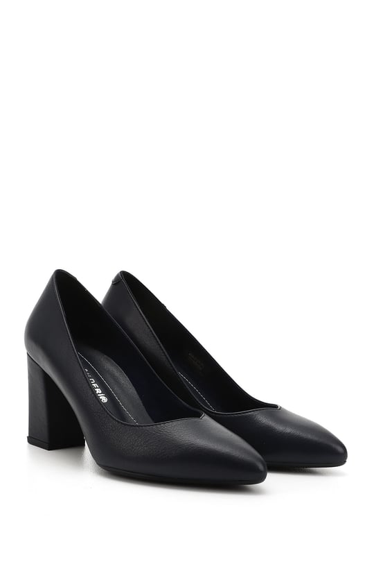 Women's Navy Blue Antique Pointed Toe High Thick Heel Genuine Leather Shoes