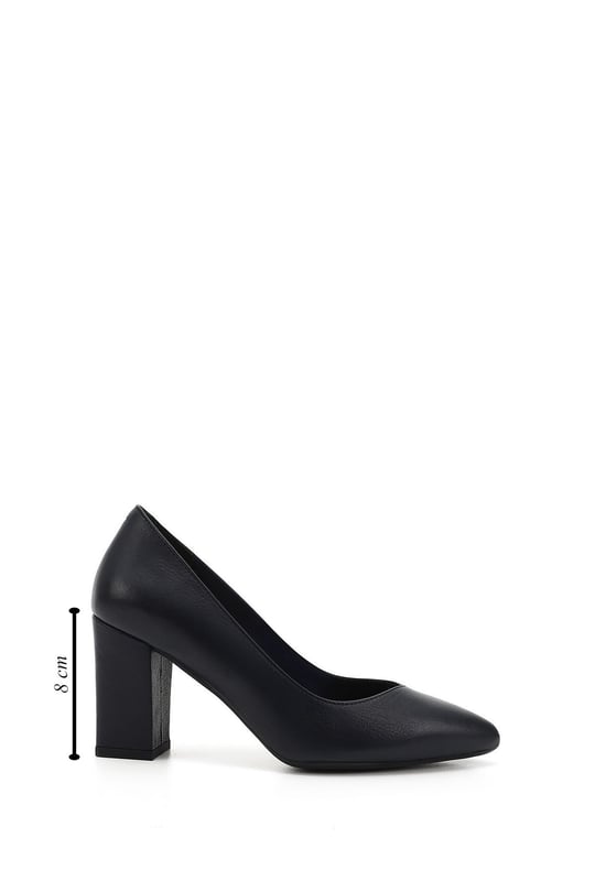 Women's Navy Blue Antique Pointed Toe High Thick Heel Genuine Leather Shoes