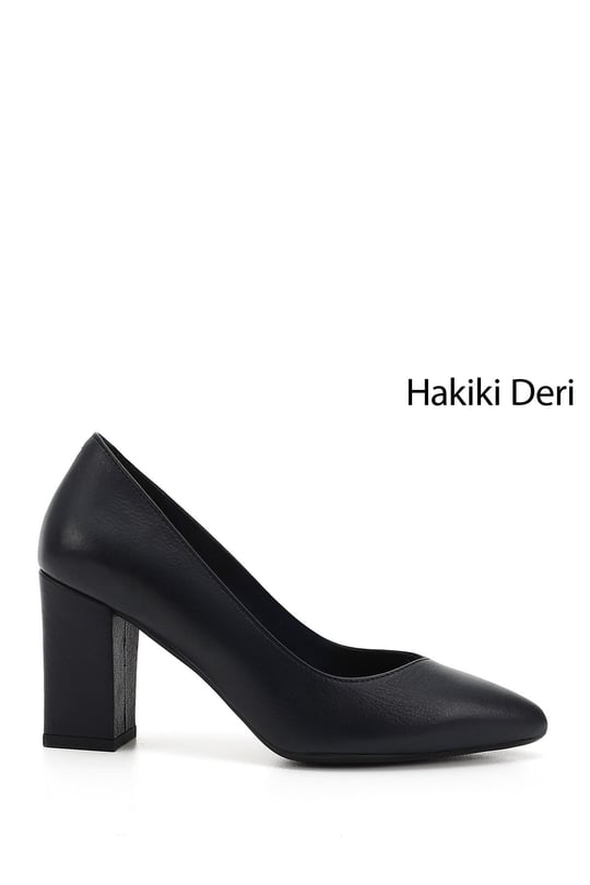 Kadın Lacivert Antik Sivri Burun Yüksek Kalın Topuklu Hakiki Deri Ayakkabı