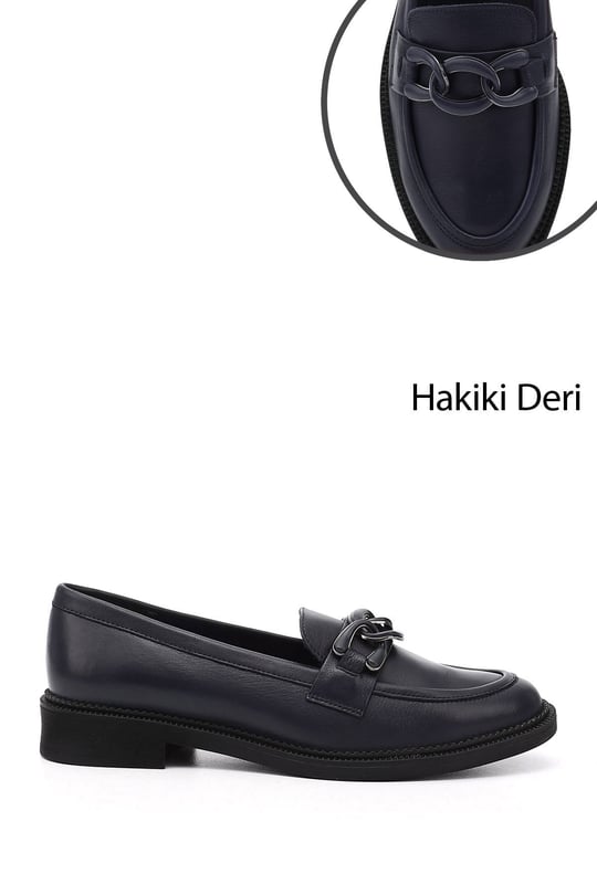 Kadın Lacivert Antik Tokalı Hakiki Deri Loafer Ayakkabı