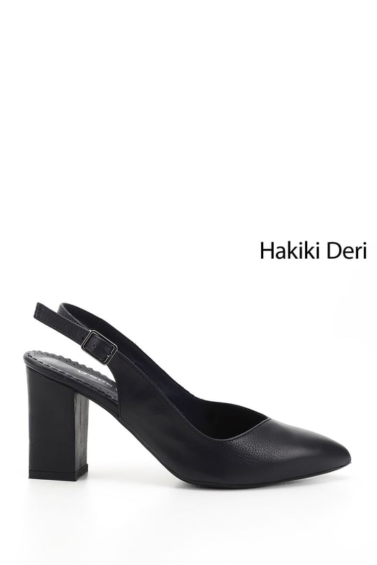 Kadın Lacivert Antik Yüksek Kalın Topuklu Arkası Açık Hakiki Deri Ayakkabı