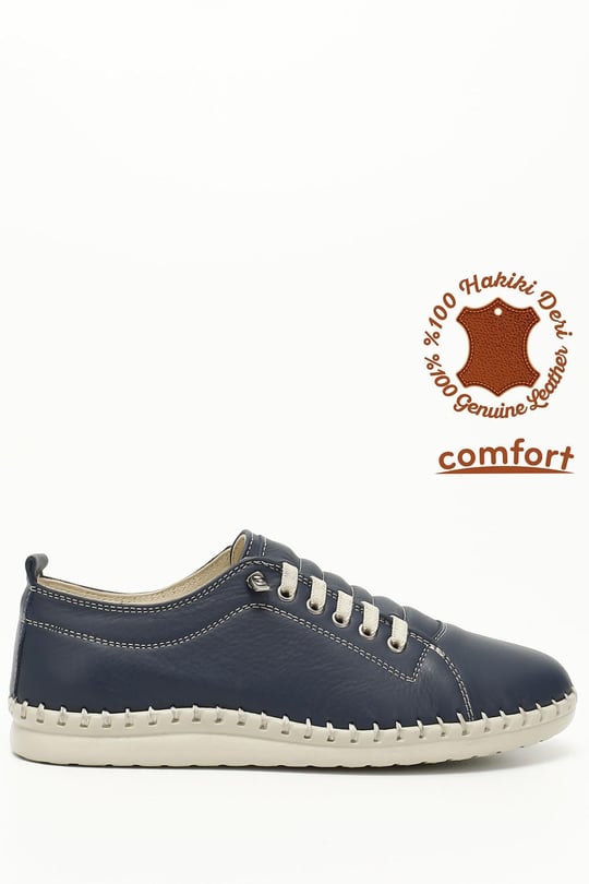 Kadın Lacivert Bağcıklı Hakiki Deri Comfort Ayakkabı