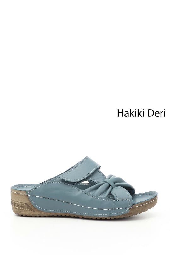 Kadın Mavi Antik Cırtlı Dolgu Taban Hakiki Deri Terlik