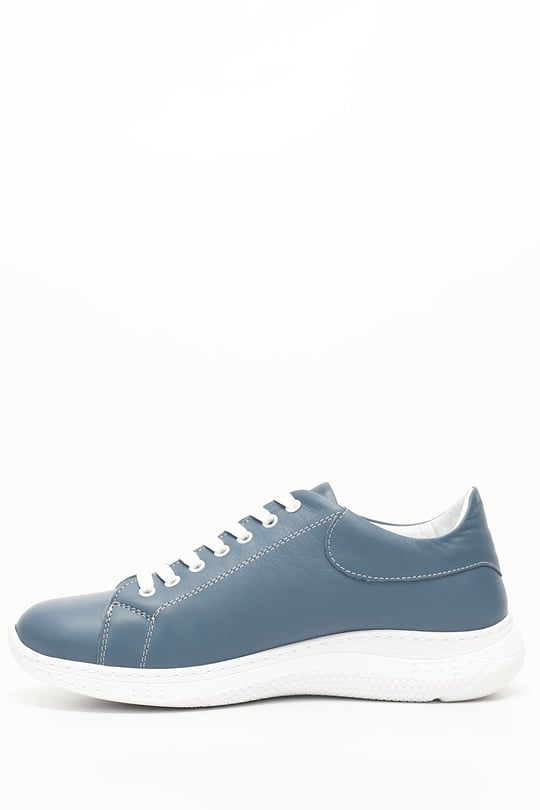 Kadın Mavi Bağcıklı Dolgu Taban Hakiki Deri  Sneaker