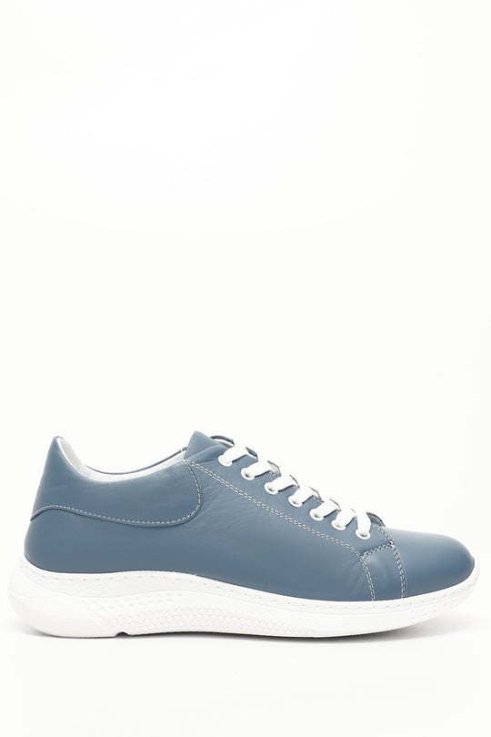 Kadın Mavi Bağcıklı Dolgu Taban Hakiki Deri  Sneaker