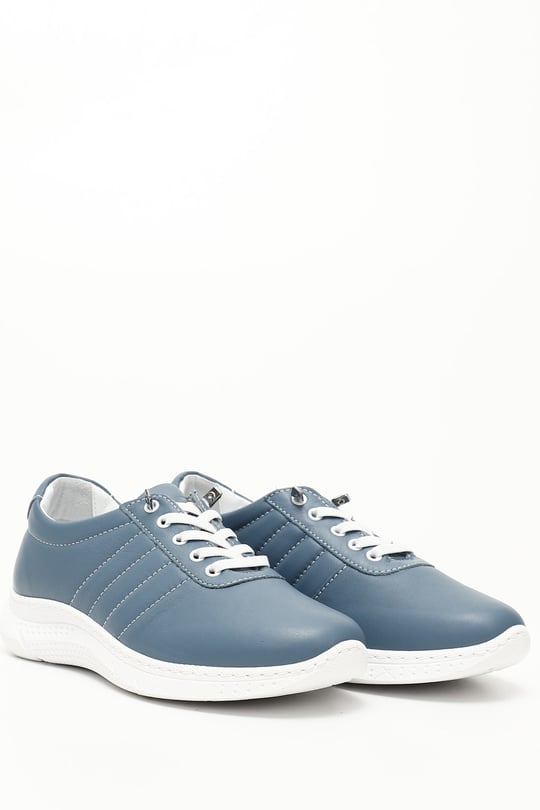 Kadın Mavi Bağcıklı Dolgu Taban Hakiki Deri Sneaker
