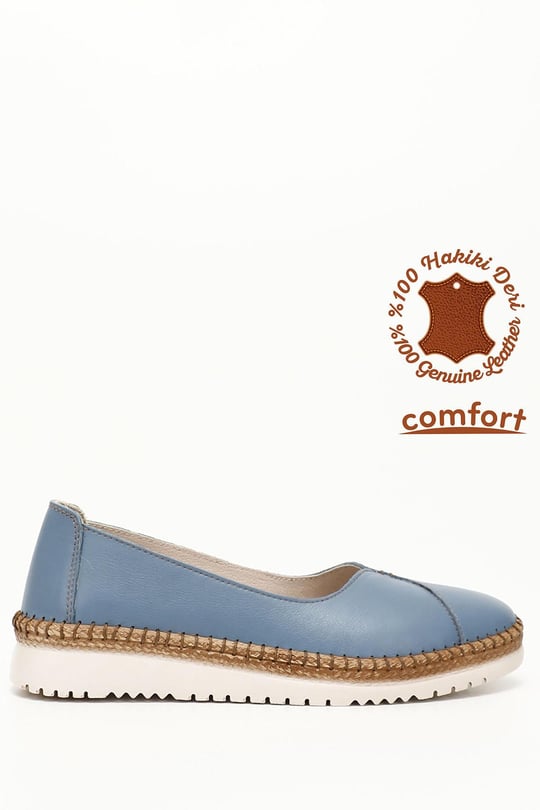 Kadın Mavi Dolgu Taban Bağcıklı Hakiki Deri Comfort Sneaker