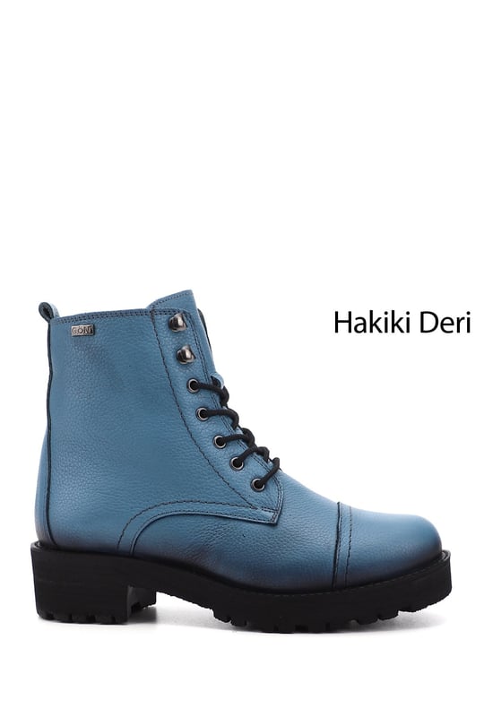 Women's Blue Floater Zippered Rubber Sole Genuine Leather Combat Boots