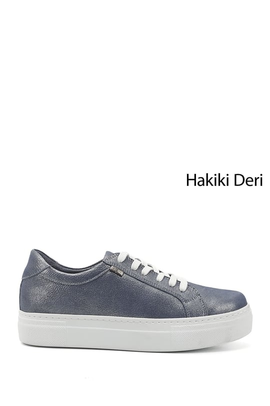 Kadın Mavi Simli Bağcıklı Dolgu Taban Hakiki Deri Sneaker