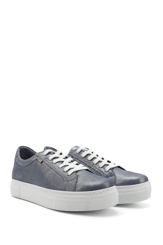 Women's Blue Glitter Lace-Up Wedge Sole Genuine Leather Sneakers