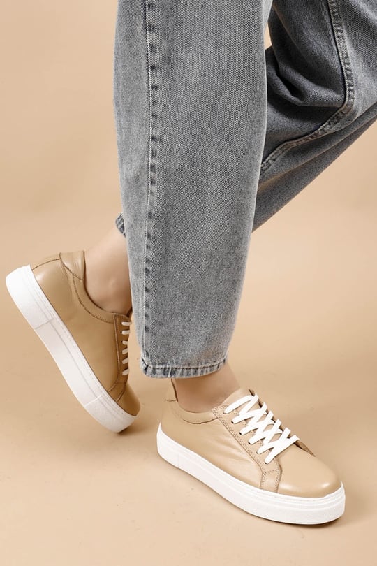 Women's Nude Laced Wedge Genuine Leather Sneaker