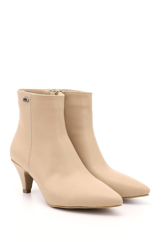 Women's Nude Zippered Pointed Toe Thin Heel Boots