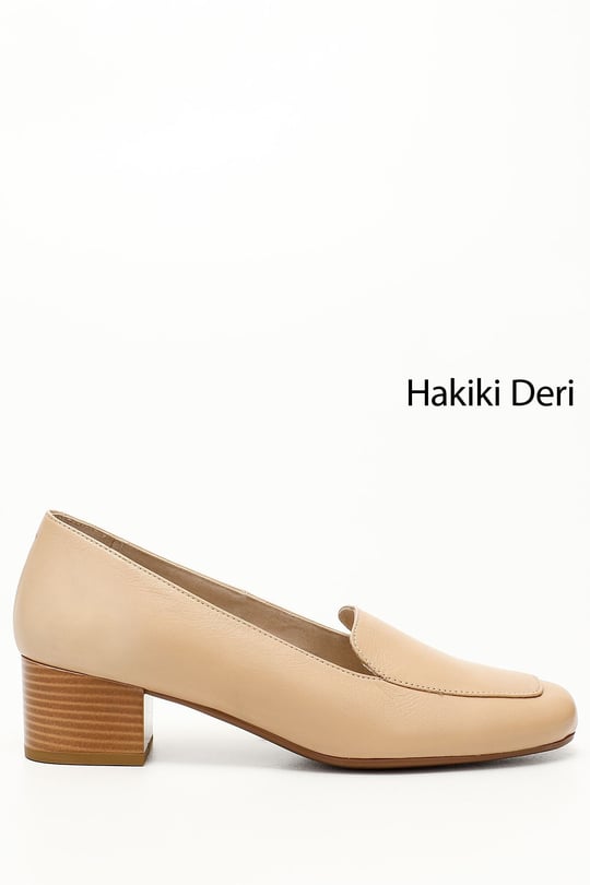 Kadın Nude Küt Burun Kısa Kalın Topuklu Hakiki Deri Ayakkabı