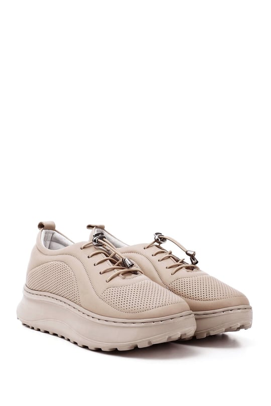 Kadın Nude Lastik Bağcıklı Comfort Dolgu Taban Hakiki Deri Sneaker