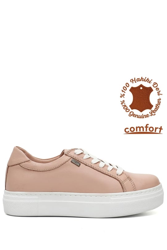 Kadın Pudra Antik Bağcıklı Dolgu Taban Hakiki Deri Sneaker