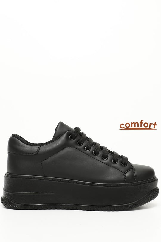 Kadın Siyah Bağcıklı Dolgu Taban Comfort Sneaker