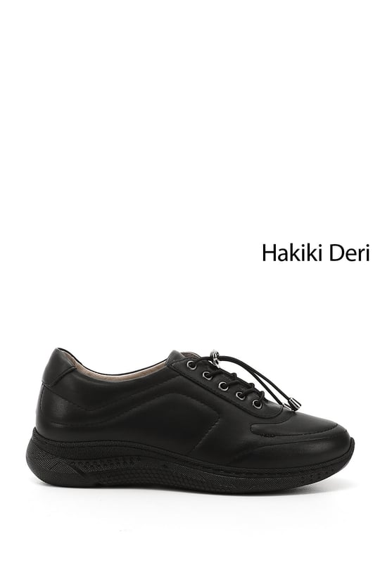 Kadın Siyah Bağcıklı Dolgu Taban Hakiki Deri Sneaker