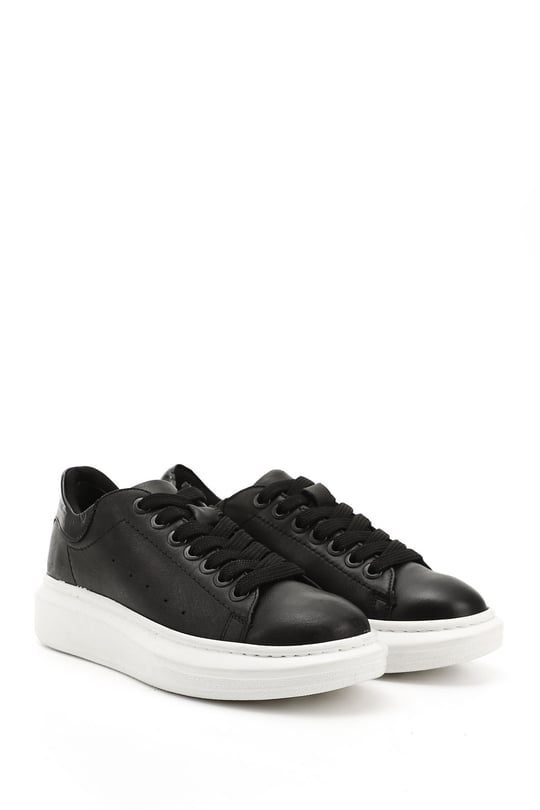 Kadın Siyah Bağcıklı Dolgu Taban Hakiki Deri Sneaker