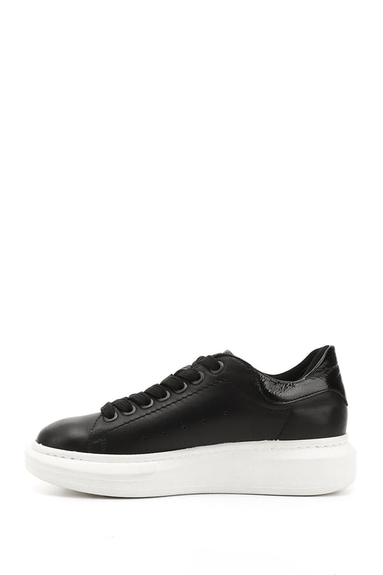 Kadın Siyah Bağcıklı Dolgu Taban Hakiki Deri Sneaker