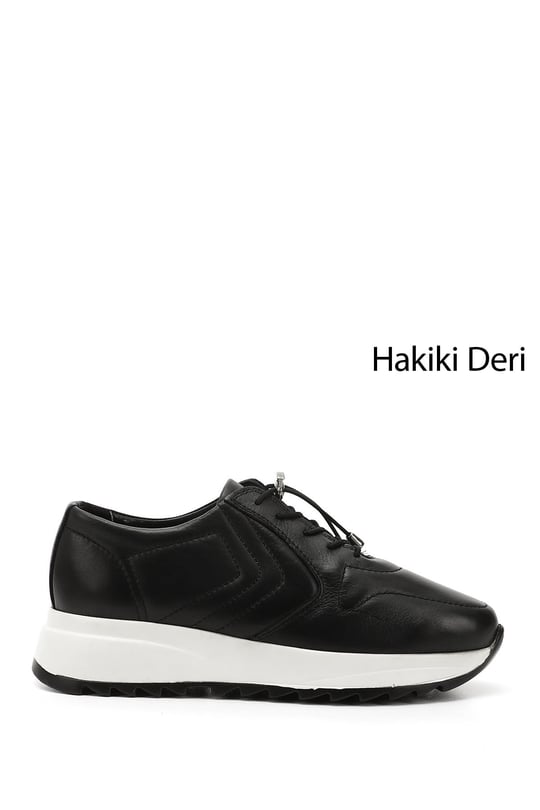 Kadın Siyah Bağcıklı Dolgu Taban Hakiki Deri Sneaker