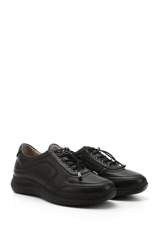 Kadın Siyah Bağcıklı Dolgu Taban Hakiki Deri Sneaker