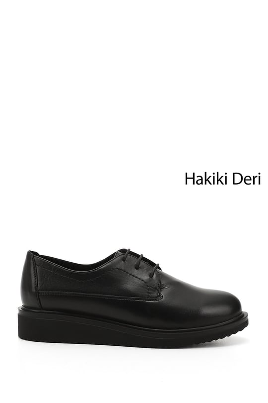 Kadın Siyah Bağcıklı Dolgu Taban Hakiki Deri Ayakkabı