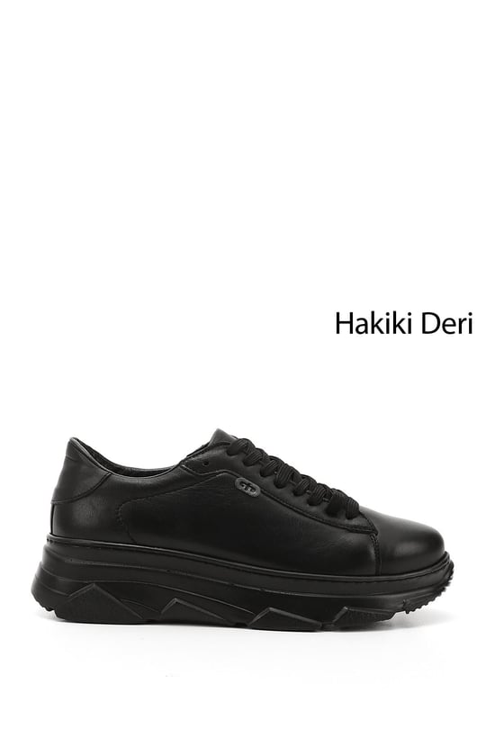 Kadın Siyah Bağcıklı Dolgu Taban Hakiki Deri Sneaker