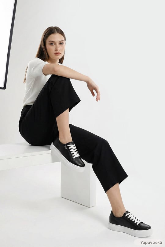 Kadın Siyah Bağcıklı Dolgu Taban Hakiki Deri Sneaker