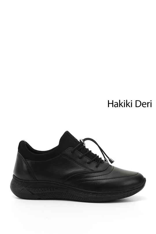 Kadın Siyah Bağcıklı Dolgu Taban Hakiki Deri Sneaker